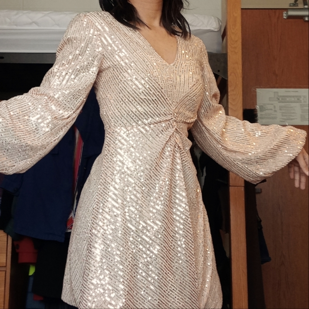 Sequin Lantern Sleeve Gold Cream V-neck Mini Dress